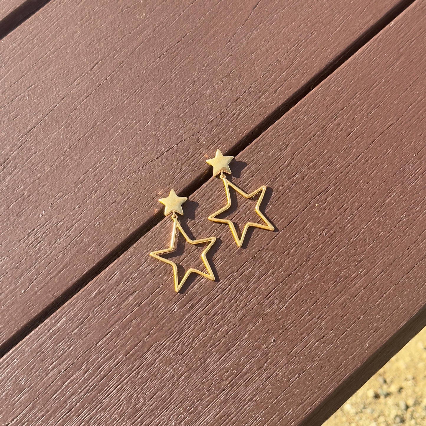 Matte Gold Star Dangle Earrings – Double Star Statement Earrings, Geometric Hollow Design, Star Dangle Earrings, Gift for Her