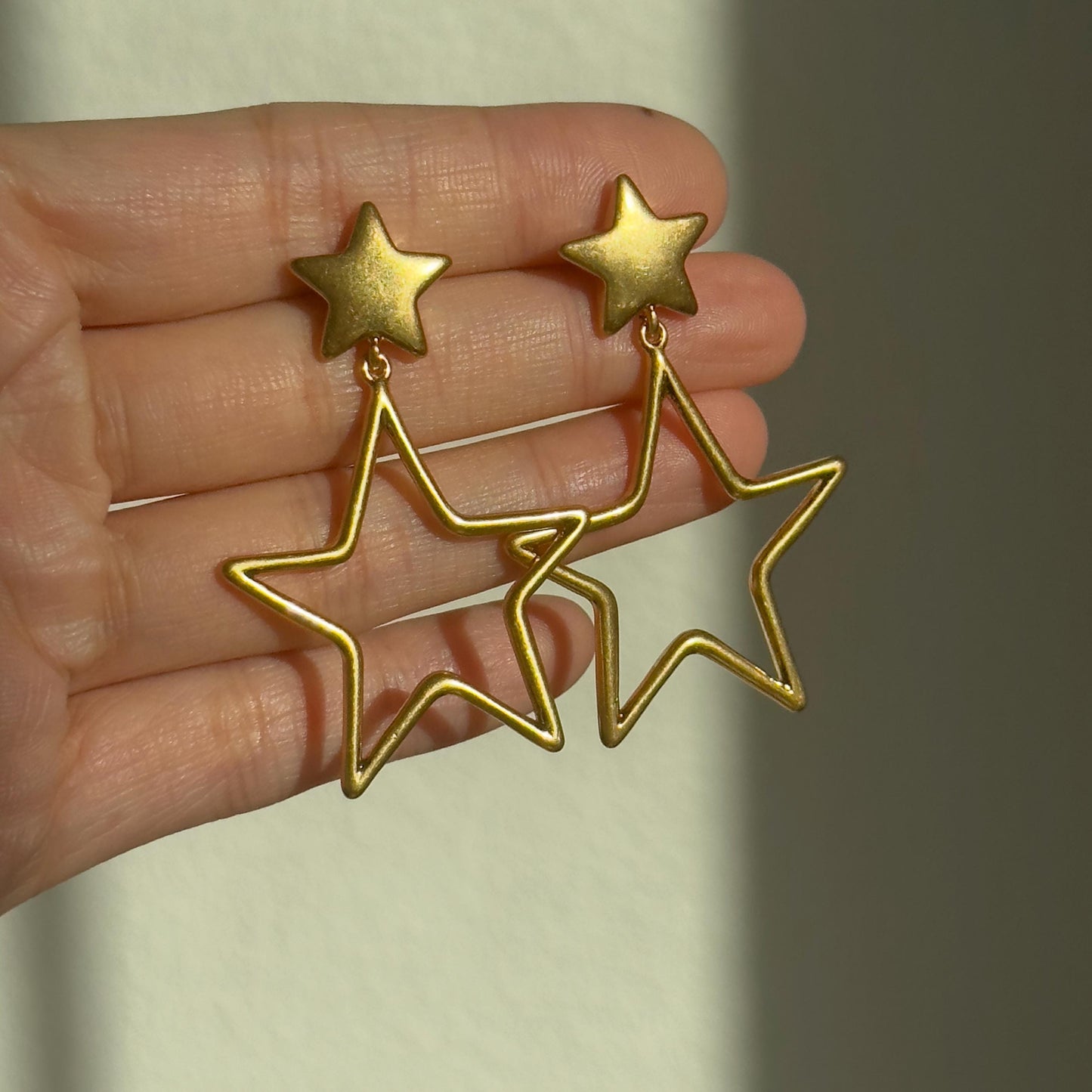 Matte Gold Star Dangle Earrings – Double Star Statement Earrings, Geometric Hollow Design, Star Dangle Earrings, Gift for Her