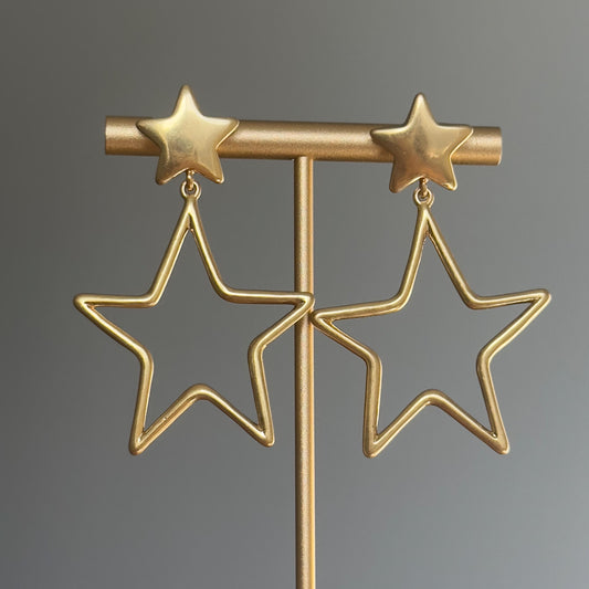 Matte Gold Star Dangle Earrings – Double Star Statement Earrings, Geometric Hollow Design, Star Dangle Earrings, Gift for Her