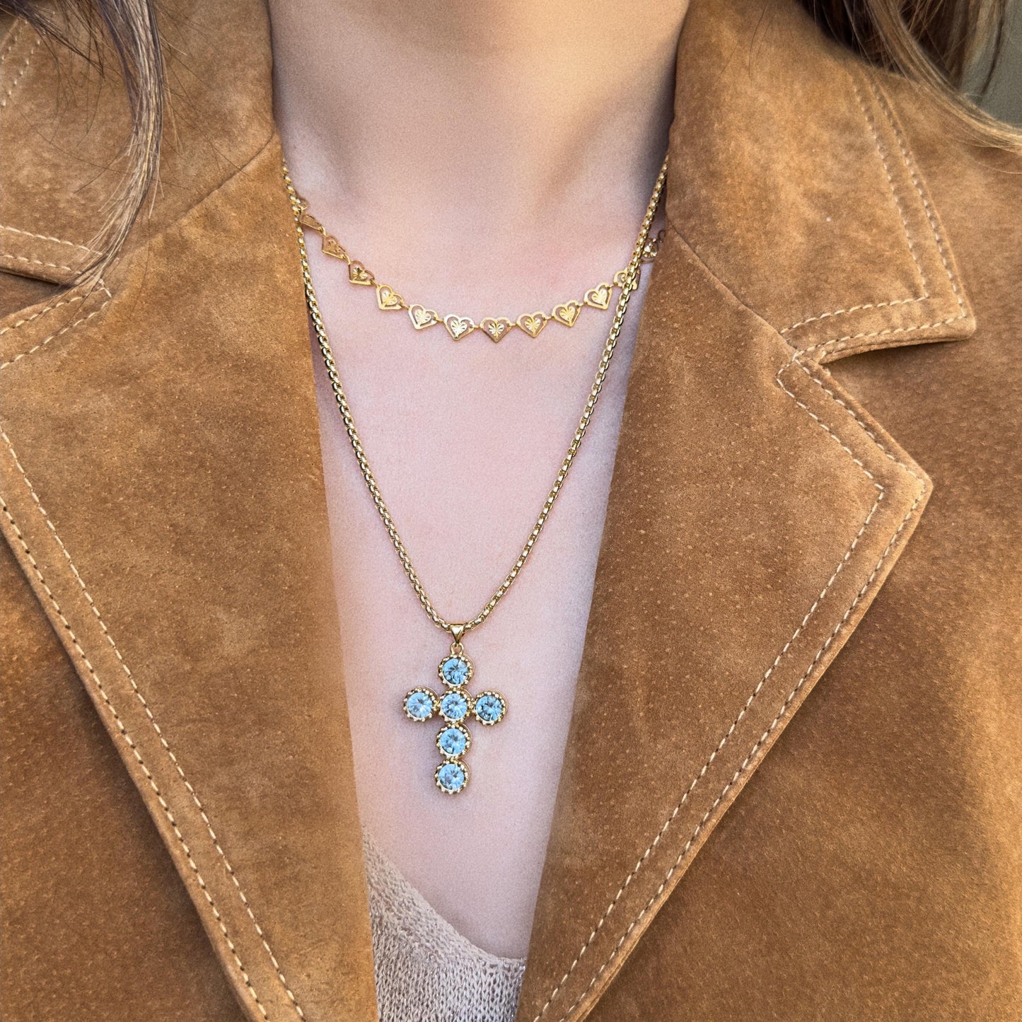 Gold Cross Pendant Necklace with Blue Gemstones