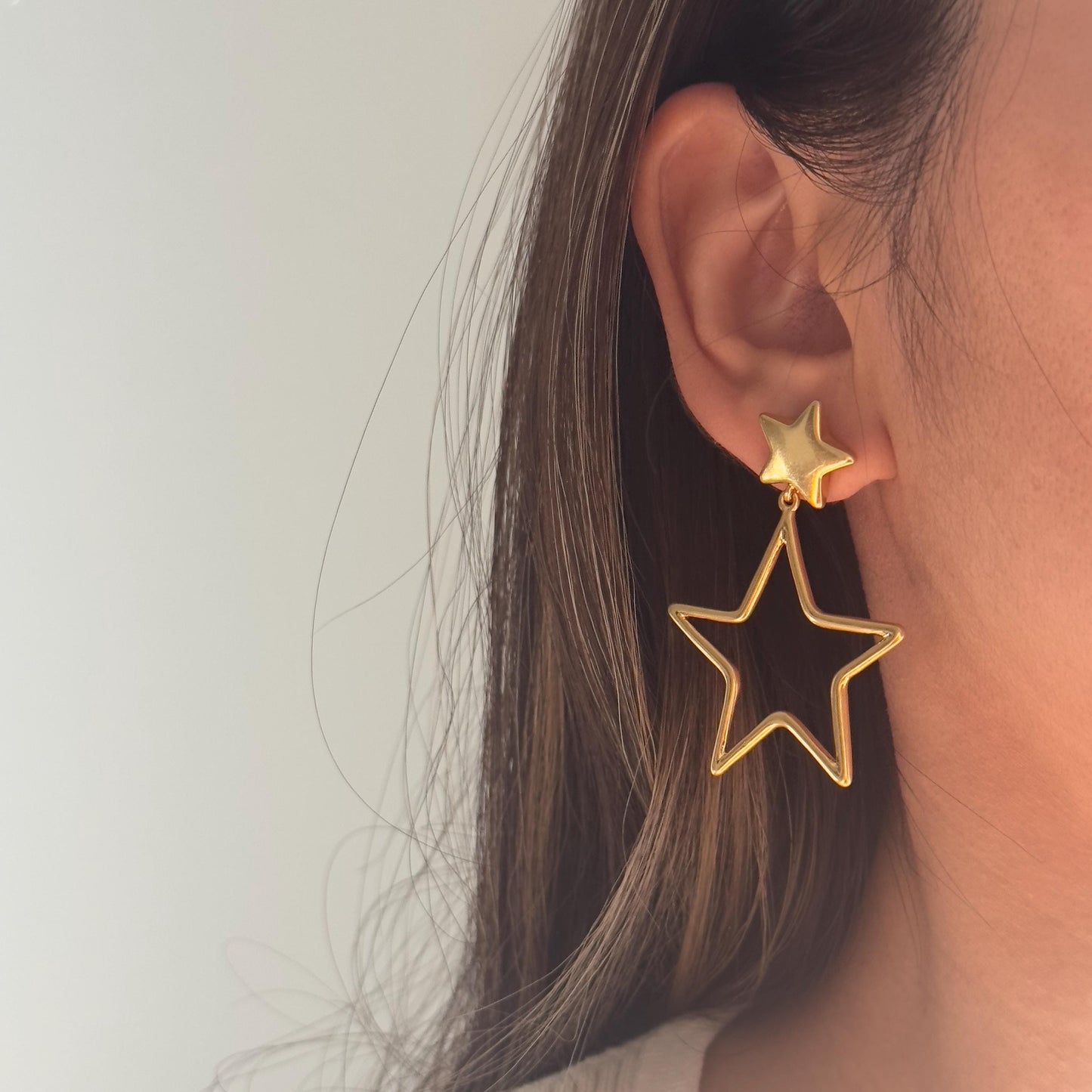 Matte Gold Star Dangle Earrings – Double Star Statement Earrings, Geometric Hollow Design, Star Dangle Earrings, Gift for Her