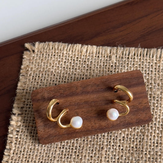 Gold & Silver Twist Freshwater Pearl Stud Earrings