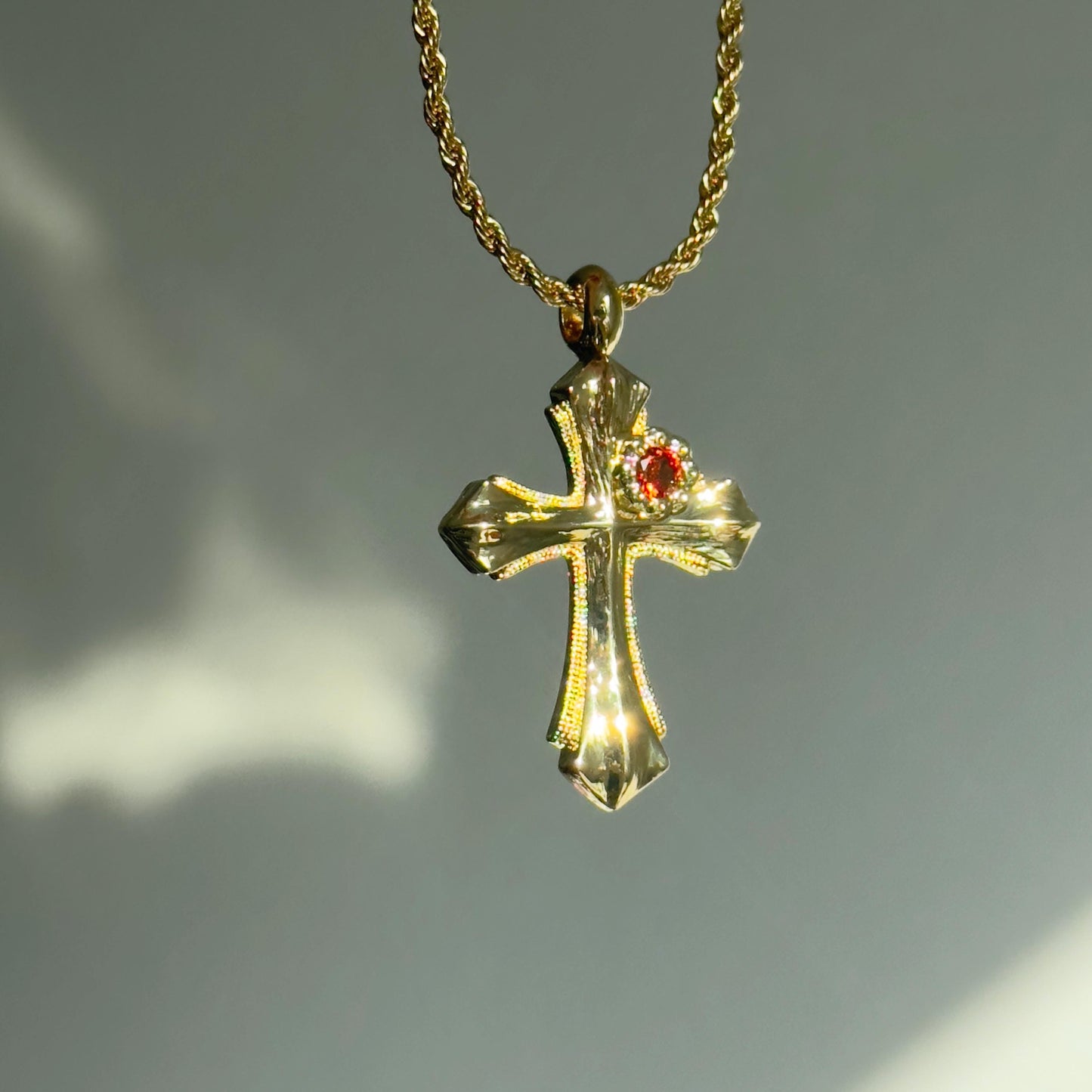 Vintage-Inspired 14K Gold Plated Cross Pendant Rope Necklace, Red Gemstone Cross Pendant Necklace, Elegant Religious Jewelry
