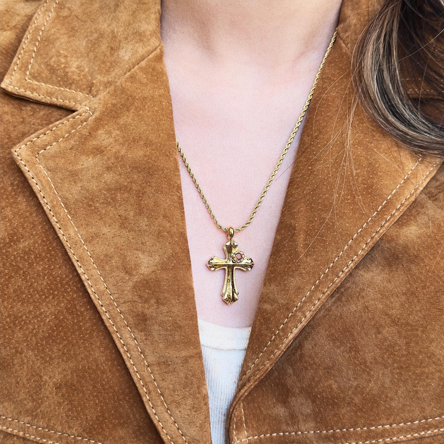 Vintage-Inspired 14K Gold Plated Cross Pendant Rope Necklace, Red Gemstone Cross Pendant Necklace, Elegant Religious Jewelry