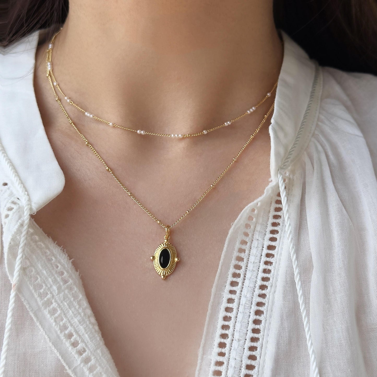 Gold Black Onyx Pendant Necklace