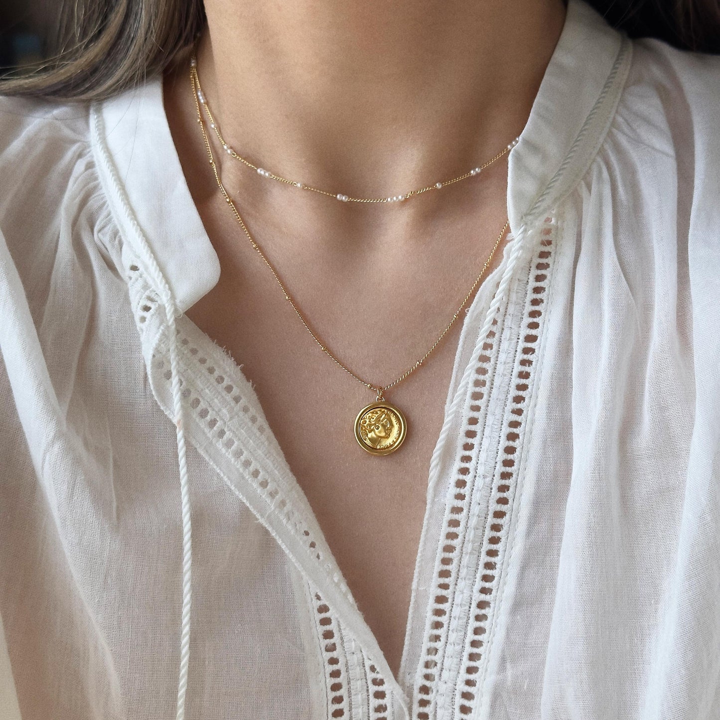 Gold Plated Roman Coin Pendant Necklace with Zircon