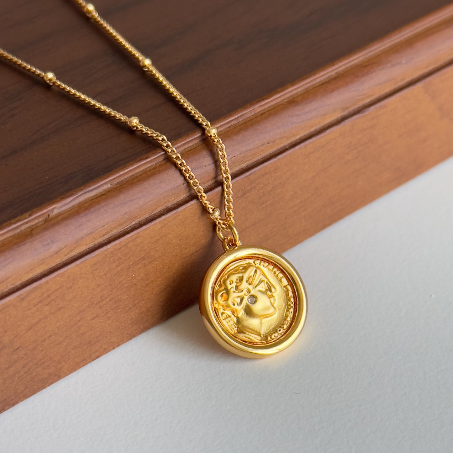 Gold Plated Roman Coin Pendant Necklace with Zircon