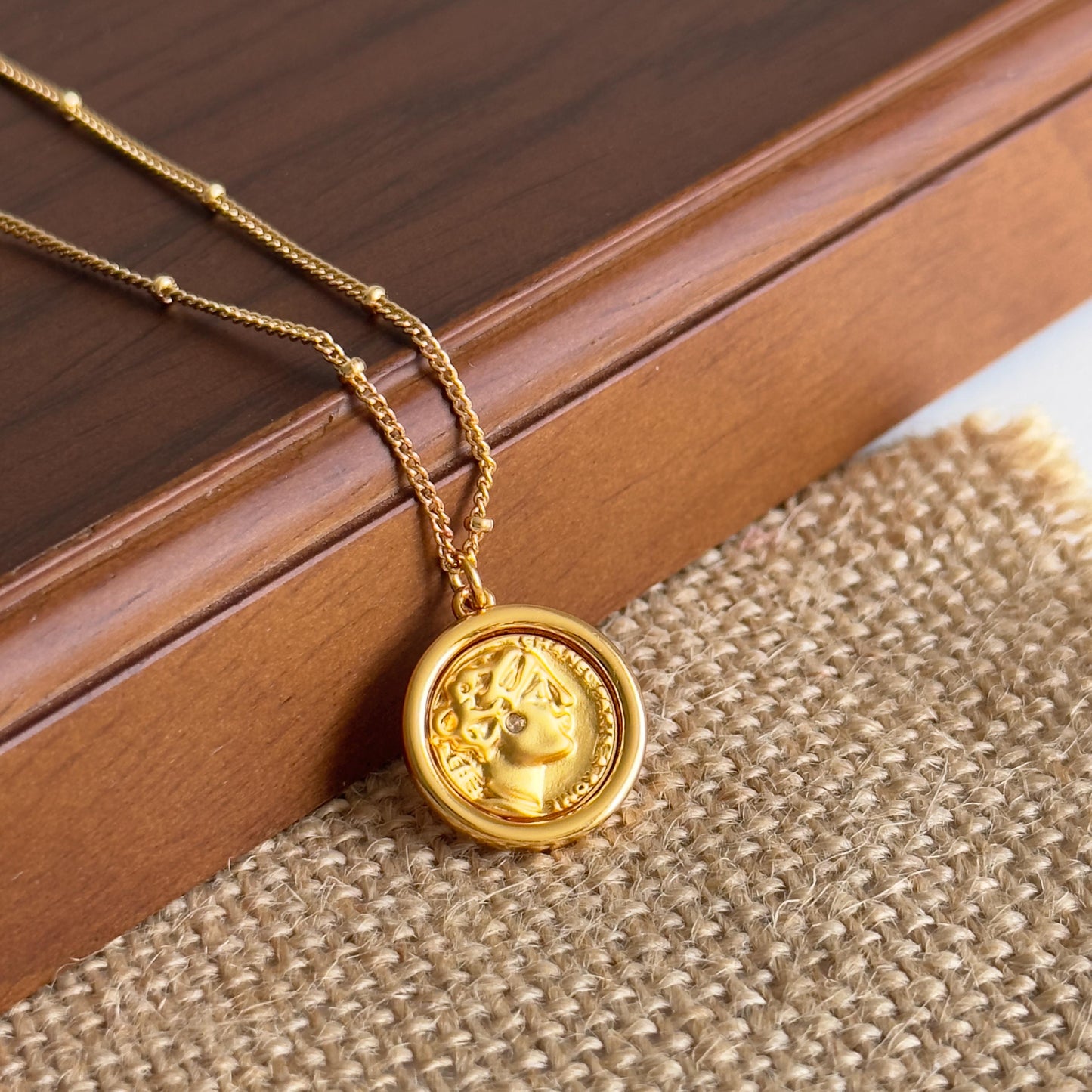 Gold Plated Roman Coin Pendant Necklace with Zircon