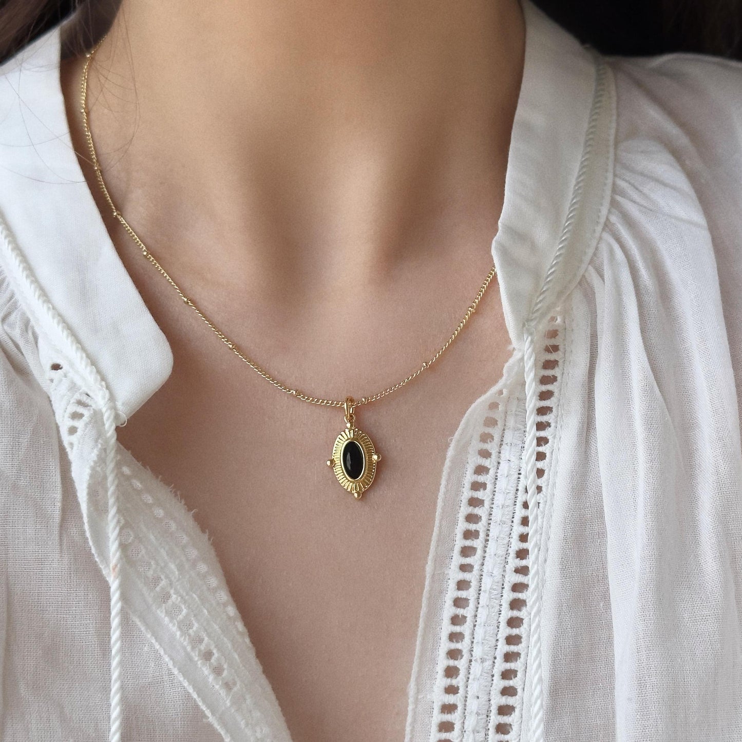 Gold Black Onyx Pendant Necklace