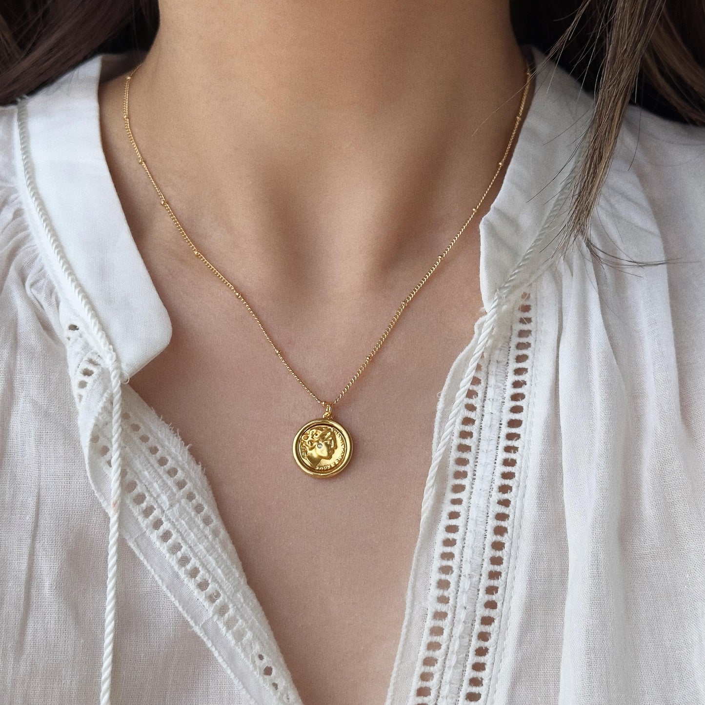 Gold Plated Roman Coin Pendant Necklace with Zircon