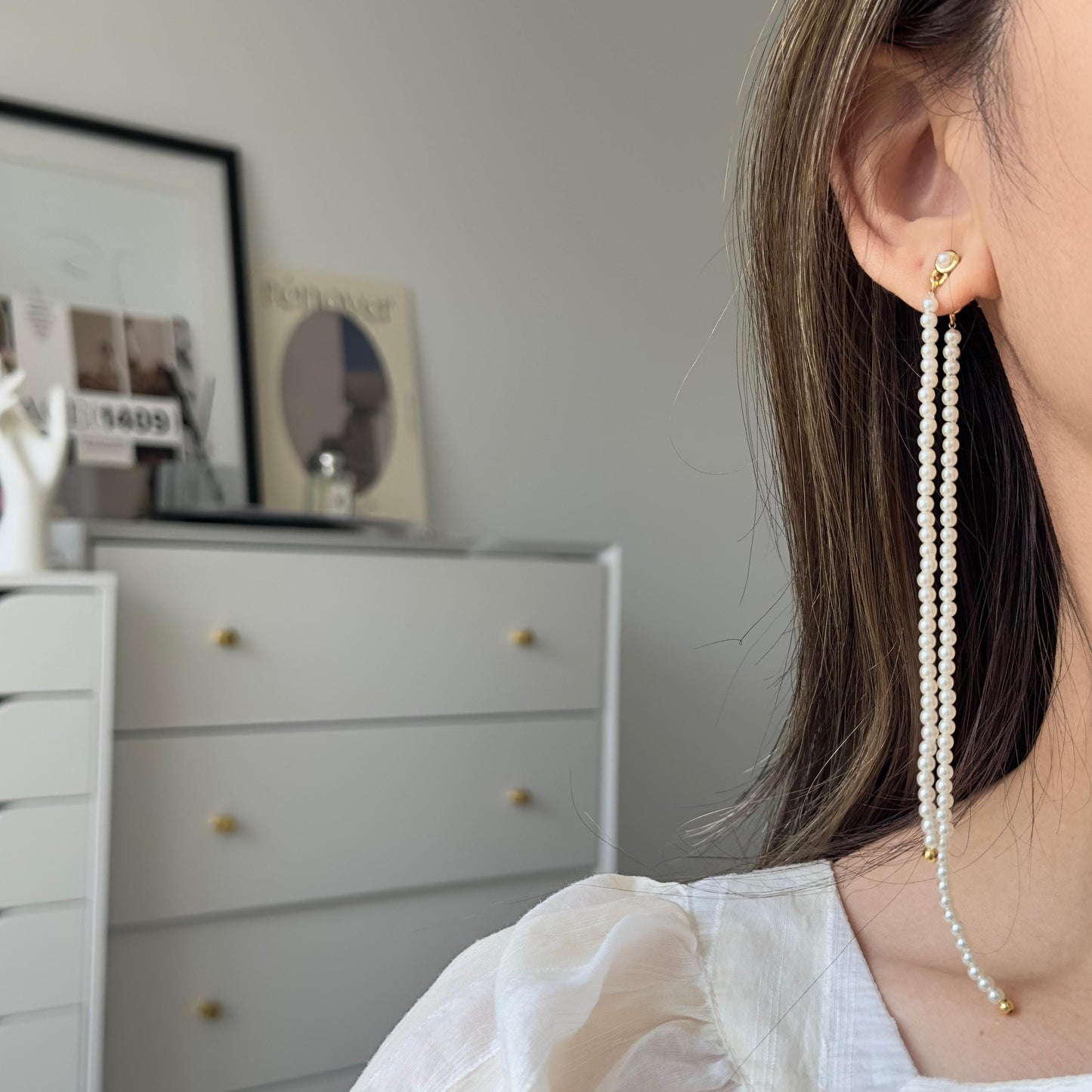 Gold Pearl Long Earrings