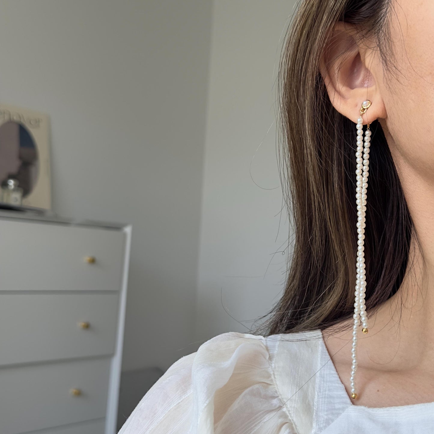 Gold Pearl Long Earrings