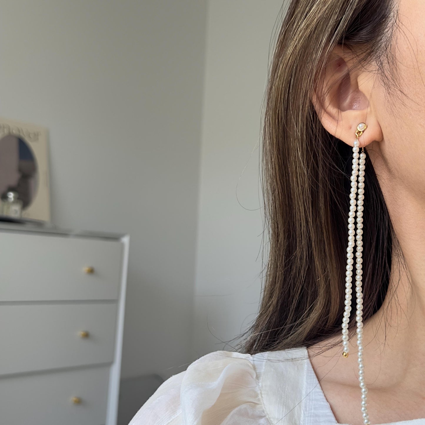 Gold Pearl Long Earrings