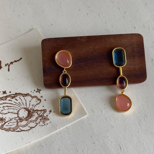 Colorful Stone Dangle Earrings, Asymmetrical Gemstone Earrings, Lightweight Geometric Statement, Colorful Gemstone Earrings, Gift for Her