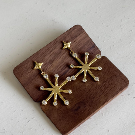 Celestial Starburst Dangle Earrings, Gold Star Drop Earrings, Gold Star Earrings with Crystals,  Dainty Starburst CZ Jewelry Gift for Her