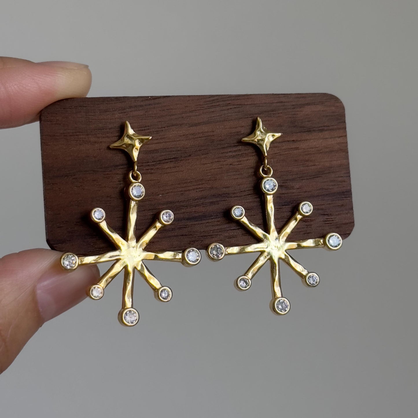 Celestial Starburst Dangle Earrings, Gold Star Drop Earrings, Gold Star Earrings with Crystals,  Dainty Starburst CZ Jewelry Gift for Her