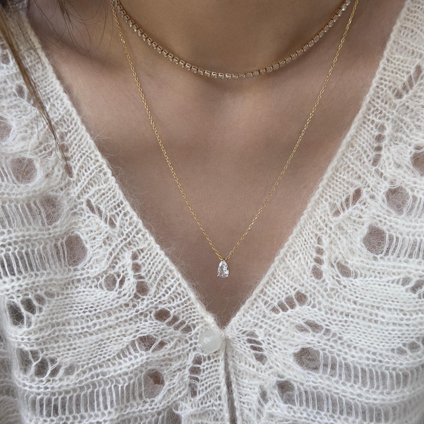 Gold Plated Dainty Gemstone Pendant Necklace, Teardrop & Oval Zircon Necklace, Minimalist Crystal Chain Necklace, Delicate Necklace for Her