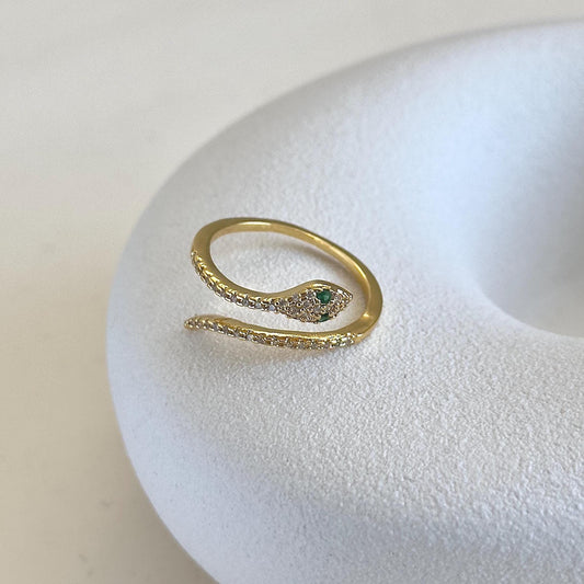 Gold Snake Adjustable Ring, Adjustable Serpent Wrap Ring with Green Eyes, Gold Plated Pave CZ Crystal Statement Ring, Unique Snake Rings