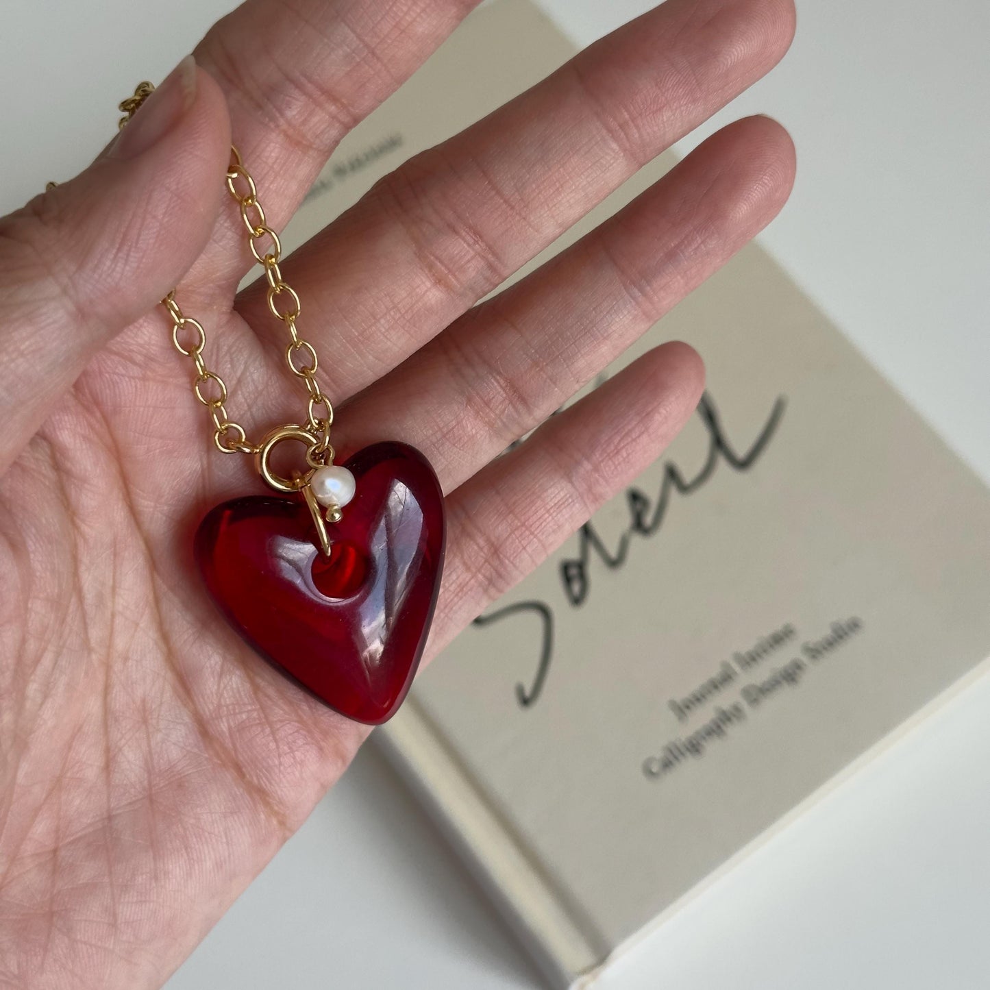 Red Resin Heart Pearl Necklace. Red Heart Earrings, Red Heart, Chunky Murano‑Style Valentine Jewelry, Statement Love Pendant, Gift for Her