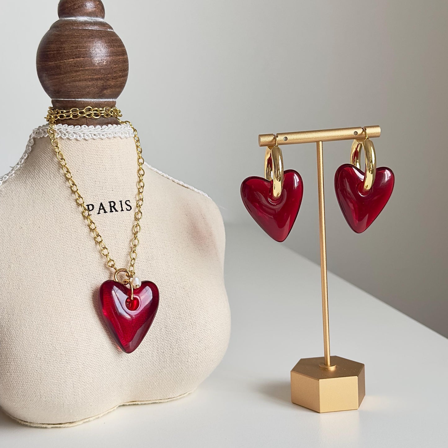Red Resin Heart Pearl Necklace. Red Heart Earrings, Red Heart, Chunky Murano‑Style Valentine Jewelry, Statement Love Pendant, Gift for Her