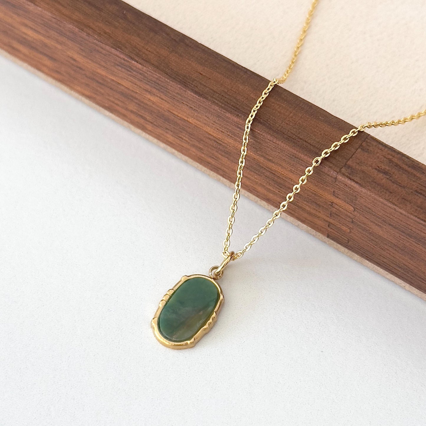 Natural Green Jade Pendant Necklace, Gold Plated Brass Jade Chain, Unique Real Stone Necklace, Minimalist Gold Jade Necklace, Jade Necklace