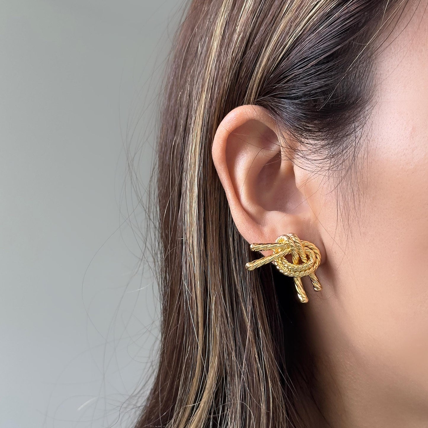Gold Knot Stud Earrings, Gold Twisted Rope Design Earrings,  Chunky Gold Tone Rope Twisted Stud Earrings, Elegant Statement Earrings