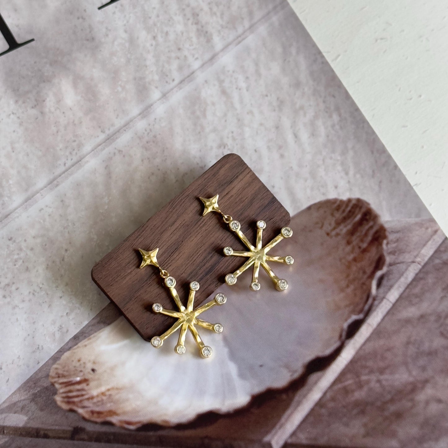 Celestial Starburst Dangle Earrings, Gold Star Drop Earrings, Gold Star Earrings with Crystals,  Dainty Starburst CZ Jewelry Gift for Her