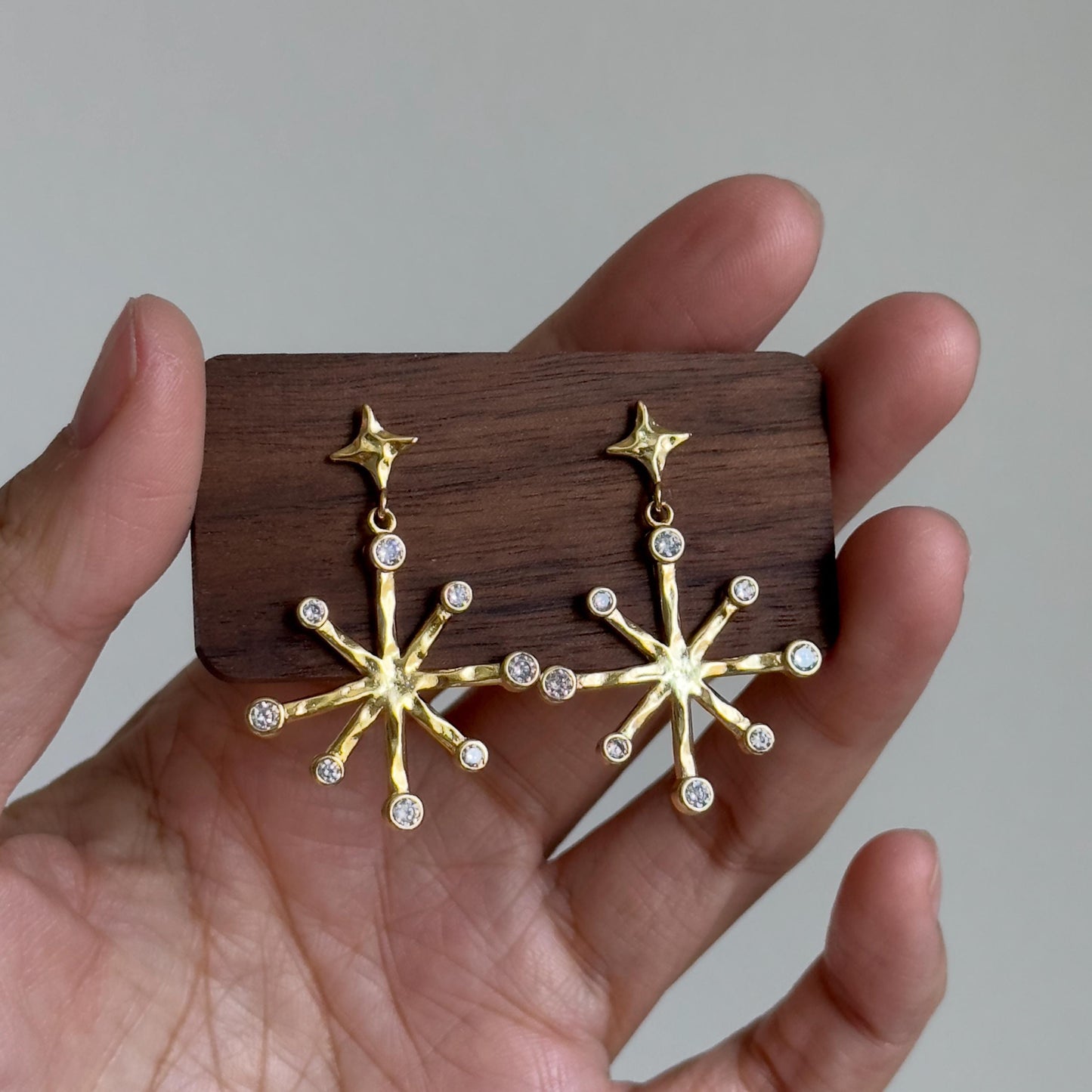 Celestial Starburst Dangle Earrings, Gold Star Drop Earrings, Gold Star Earrings with Crystals,  Dainty Starburst CZ Jewelry Gift for Her
