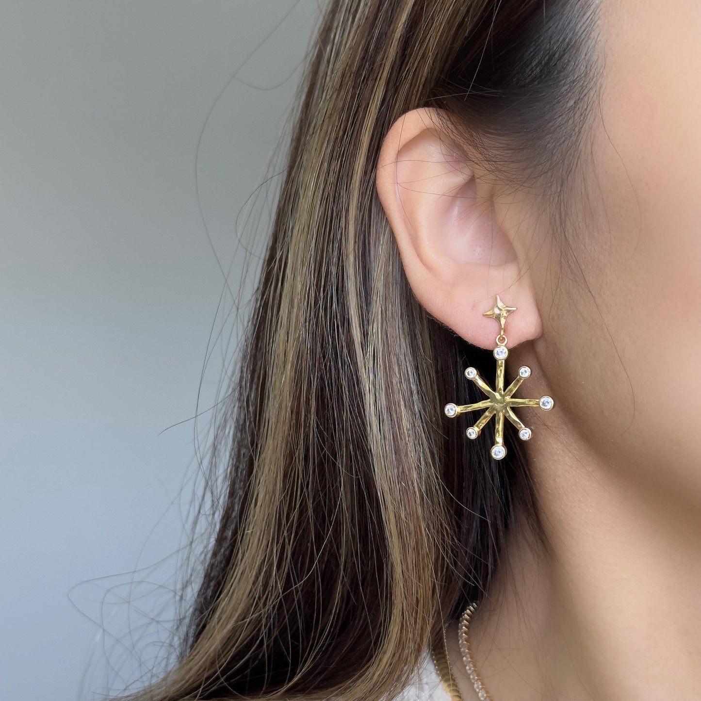 Celestial Starburst Dangle Earrings, Gold Star Drop Earrings, Gold Star Earrings with Crystals,  Dainty Starburst CZ Jewelry Gift for Her