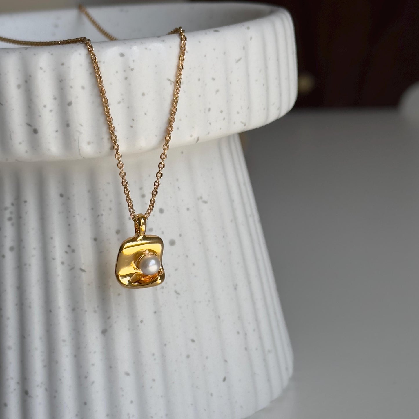 Gold Plated Pearl Pendant Necklace, Irregular Geometric Square Pendant Necklace, Minimalist Gold Pearl Necklace, Dainty Modern Jewelry