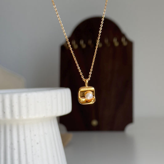 Gold Plated Pearl Pendant Necklace, Irregular Geometric Square Pendant Necklace, Minimalist Gold Pearl Necklace, Dainty Modern Jewelry
