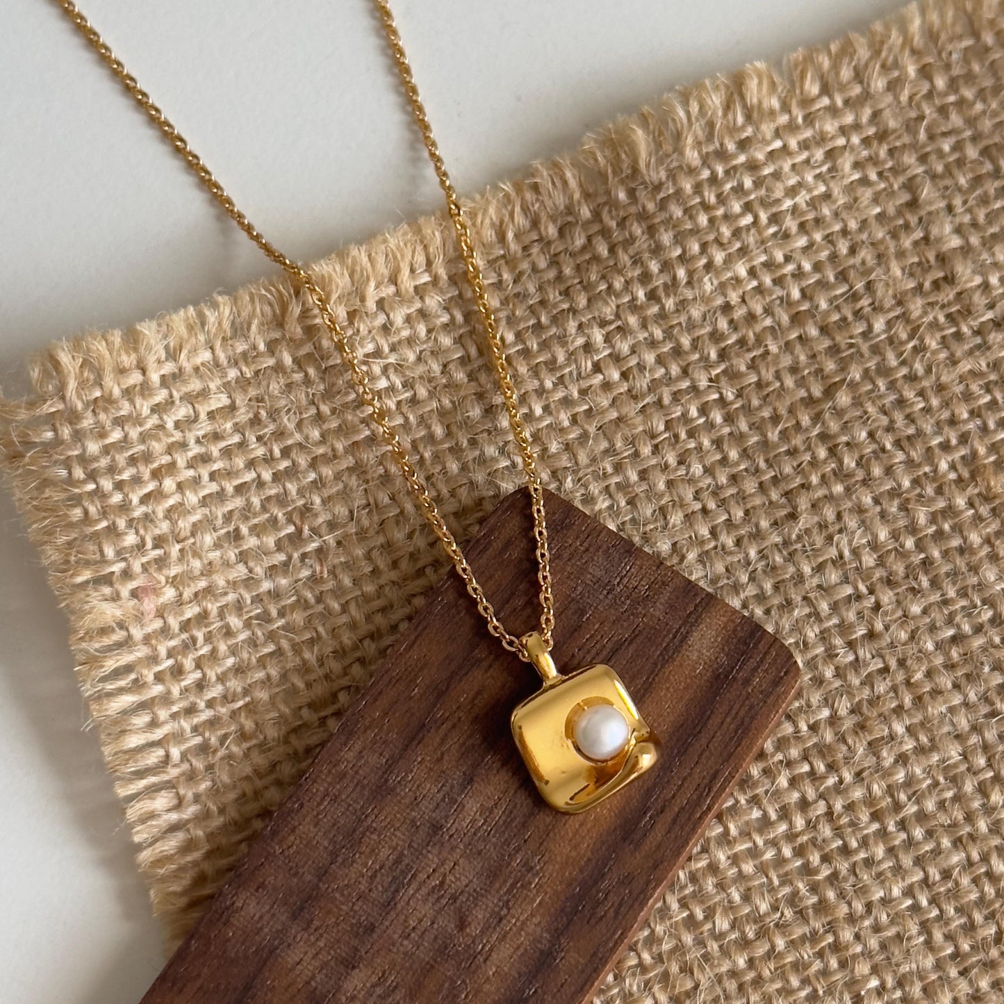Gold Plated Pearl Pendant Necklace, Irregular Geometric Square Pendant Necklace, Minimalist Gold Pearl Necklace, Dainty Modern Jewelry