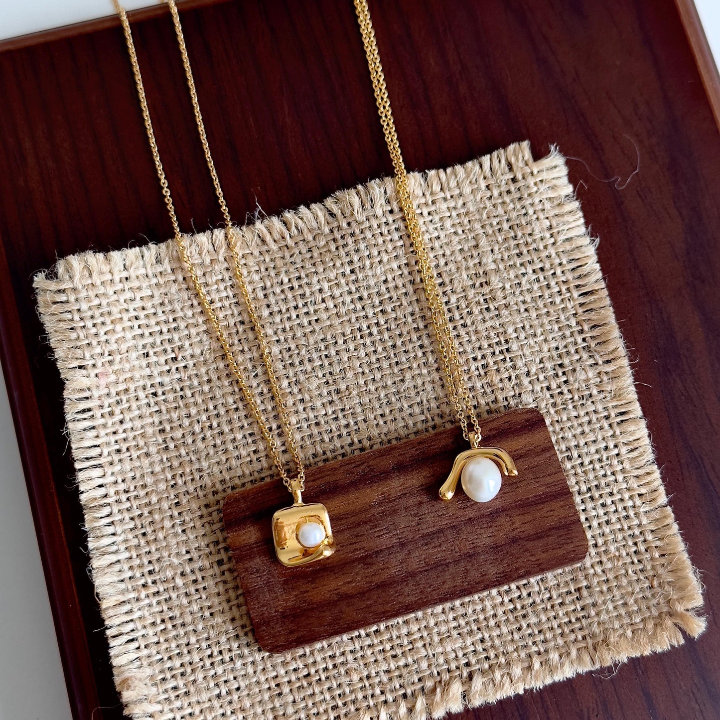 Gold Plated Pearl Pendant Necklace, Irregular Geometric Square Pendant Necklace, Minimalist Gold Pearl Necklace, Dainty Modern Jewelry