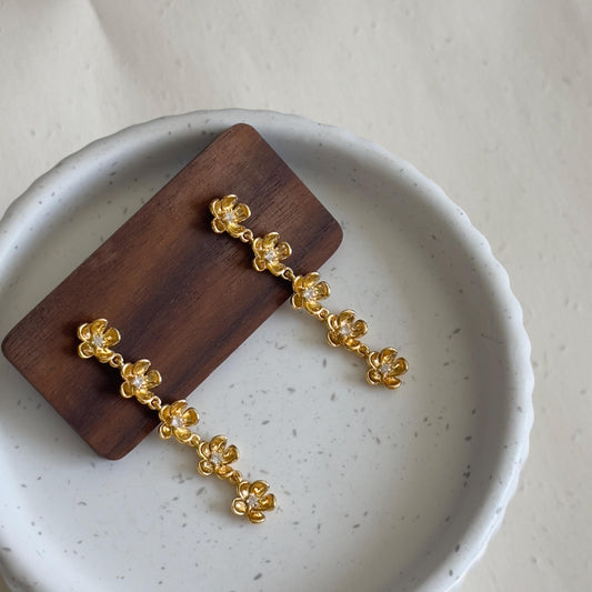 Gold Flower Drop Earrings, Dainty Floral Dangle Earrings with Crystals, Gold Long Flower Earrings, Bridesmaid Gift, Wedding Jewelry