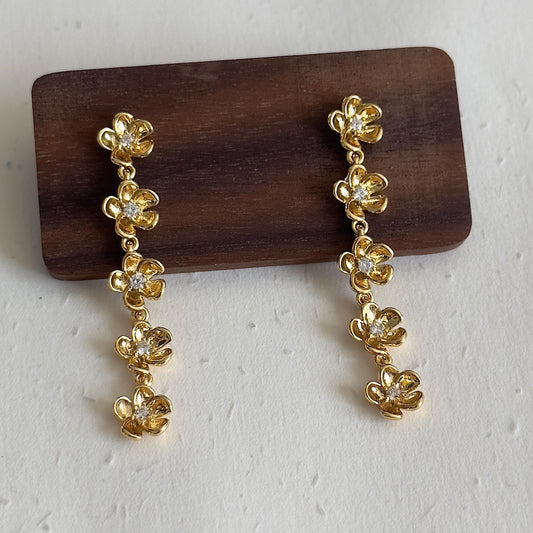 Gold Flower Drop Earrings, Dainty Floral Dangle Earrings with Crystals, Gold Long Flower Earrings, Bridesmaid Gift, Wedding Jewelry