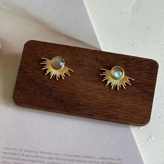 Sunburst Stud Earrings with Natural Labradorite Stone, Gold Sun Ray Earrings, Celestial Jewelry, Minimalist Boho Studs, Unique Gift for Her