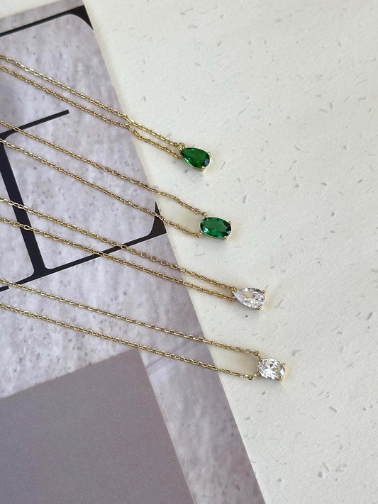 Gold Plated Dainty Gemstone Pendant Necklace, Teardrop & Oval Zircon Necklace, Minimalist Crystal Chain Necklace, Delicate Necklace for Her