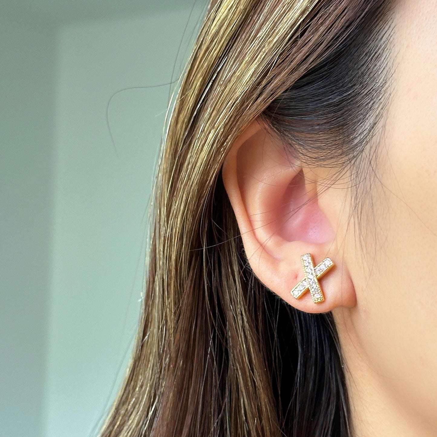 Gold Pave Crystal X Stud Earrings, Dainty Crossed Shape Earrings, Crisscross Earrings, Minimalist Gold Plated Post Earrings, Gift for Her