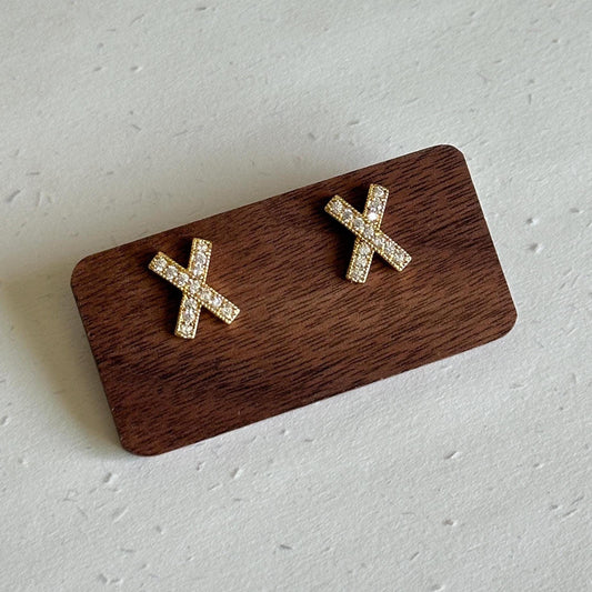 Gold Pave Crystal X Stud Earrings, Dainty Crossed Shape Earrings, Crisscross Earrings, Minimalist Gold Plated Post Earrings, Gift for Her