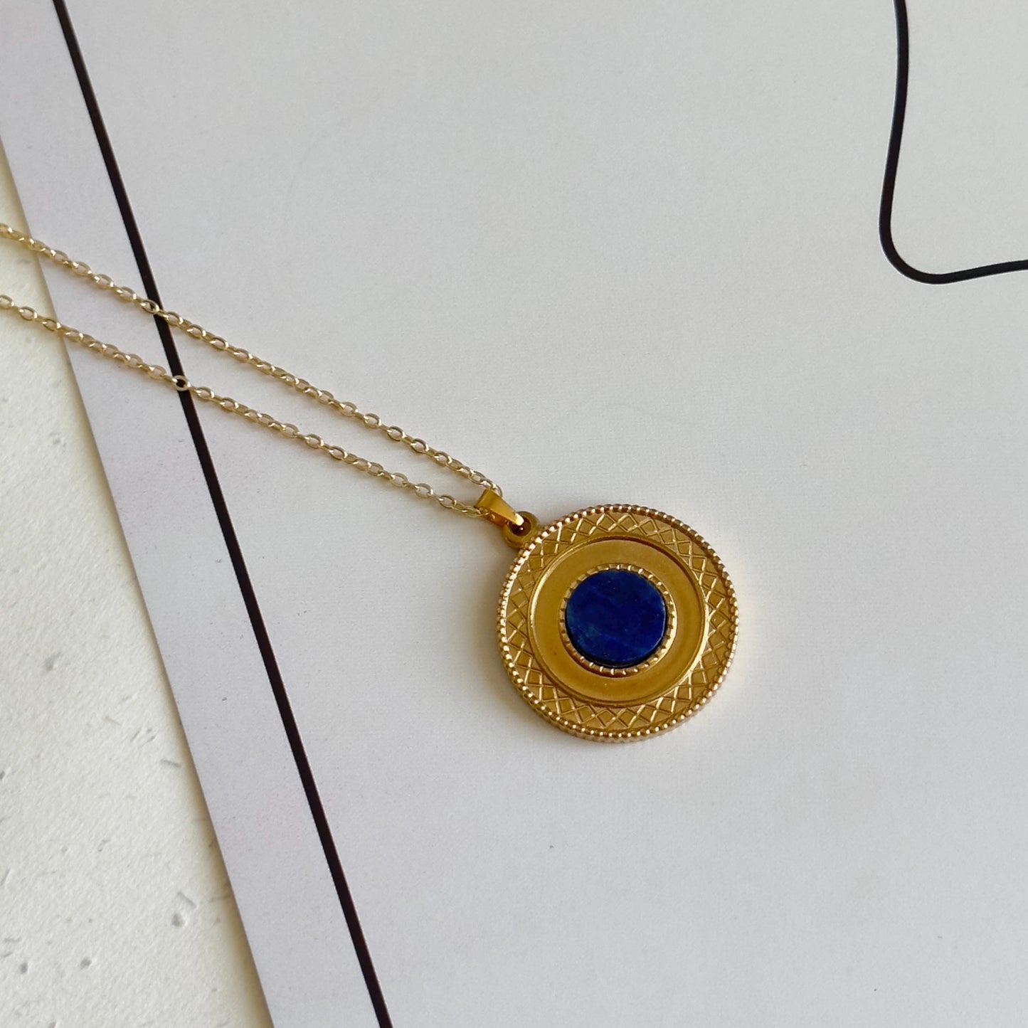 Gold Blue Lapis Lazuli Geometric Pendant Necklace, Boho Tribal Necklace, 18K Gold Plated Medallion Necklace, Natural Stone Necklace.