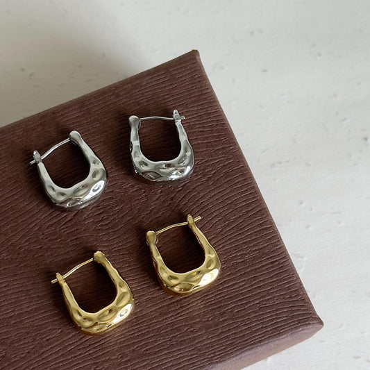 Hammered U-Shaped Geometric Hoops, Gold And Silver Texture Hoops Earrings for Women,  Minimalist Jewelry, Oval Square Hoop Earrings