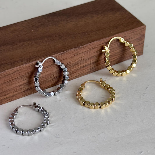 Gold Silver Beads Hoops Earrings, Minimalist Small Hoop Earrings, Gold Silver Circle Dot Huggie Hoops, Lightweight Round Bead Hoop Earrings