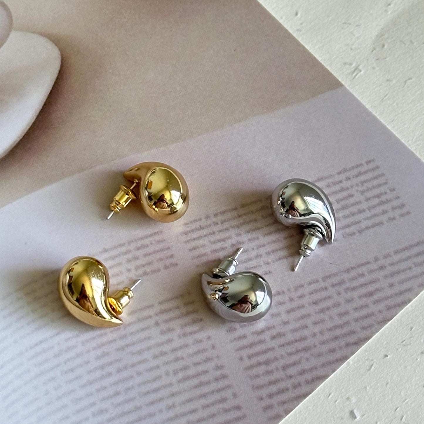 Chunky Water Drop Stud Earrings, Teardrop Earrings, Abstract Fluid Metal Earrings, Minimalist Modern Dome Earrings,  Gold Silver Studs