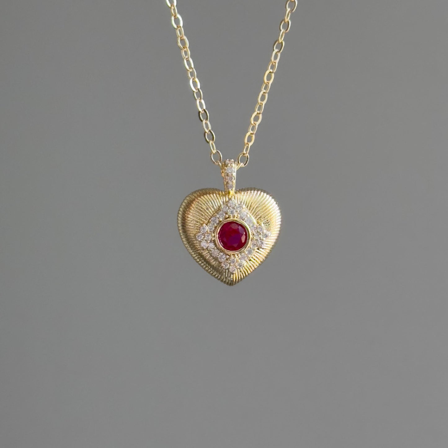Heart Pendant Necklace with Red Gemstone, Gold Textured Heart Necklace, Dainty Ruby Heart Necklace, Elegant Retro Jewelry Gift for Her
