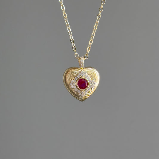 Heart Pendant Necklace with Red Gemstone, Gold Textured Heart Necklace, Dainty Ruby Heart Necklace, Elegant Retro Jewelry Gift for Her