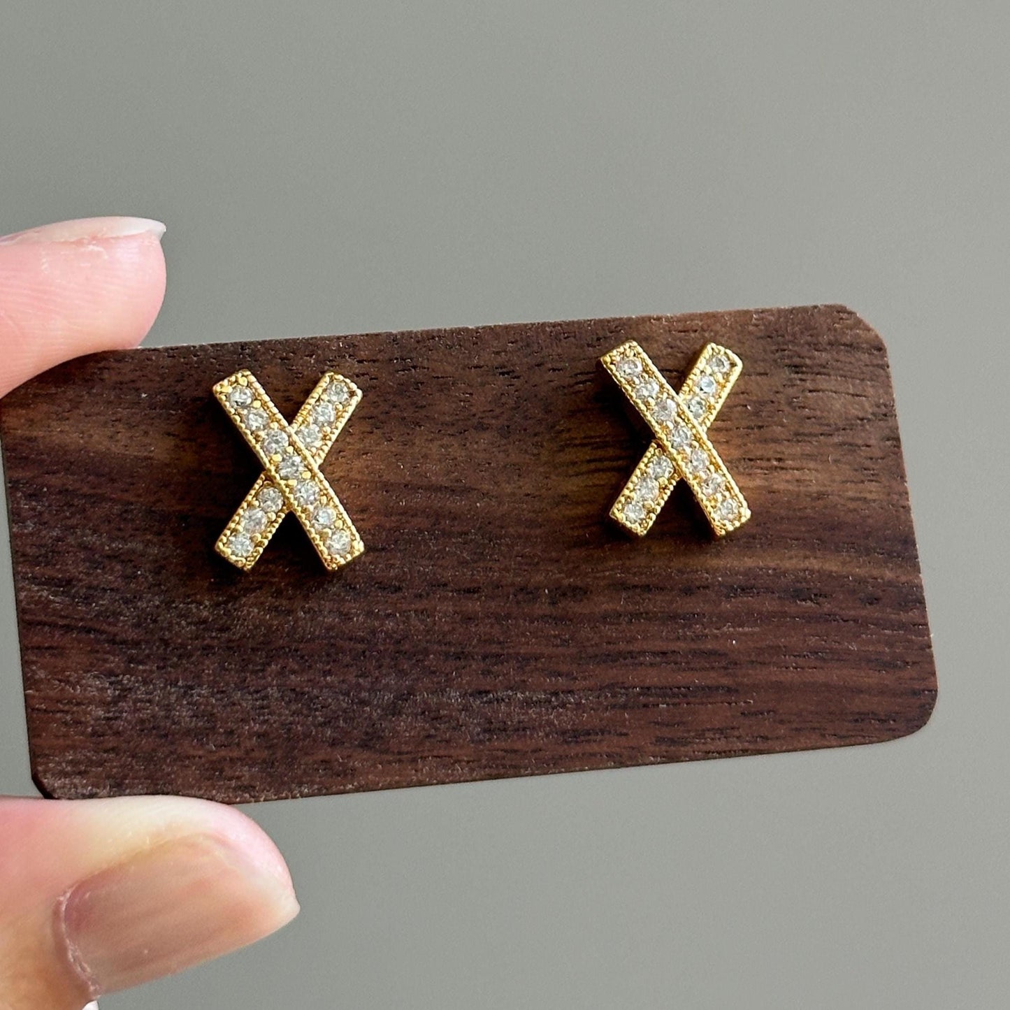 Gold Pave Crystal X Stud Earrings, Dainty Crossed Shape Earrings, Crisscross Earrings, Minimalist Gold Plated Post Earrings, Gift for Her