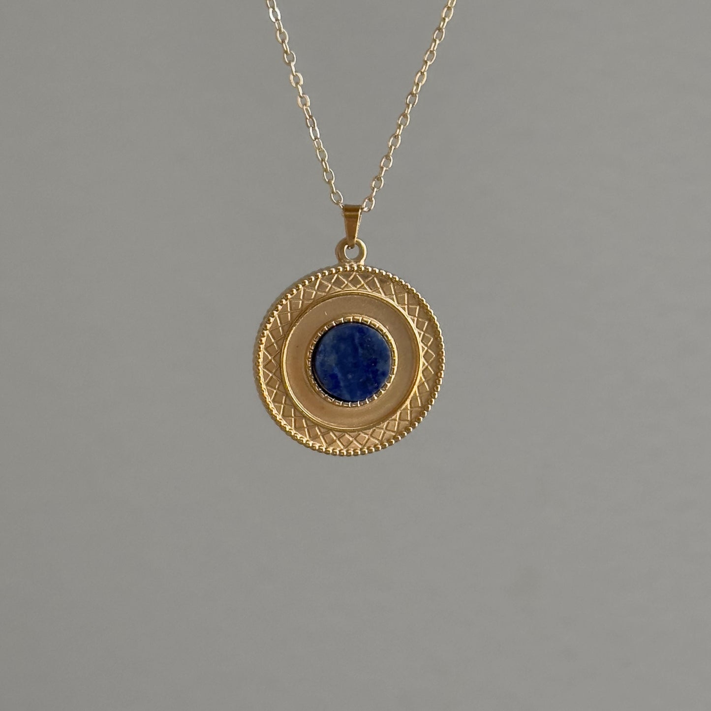 Gold Blue Lapis Lazuli Geometric Pendant Necklace, Boho Tribal Necklace, 18K Gold Plated Medallion Necklace, Natural Stone Necklace.