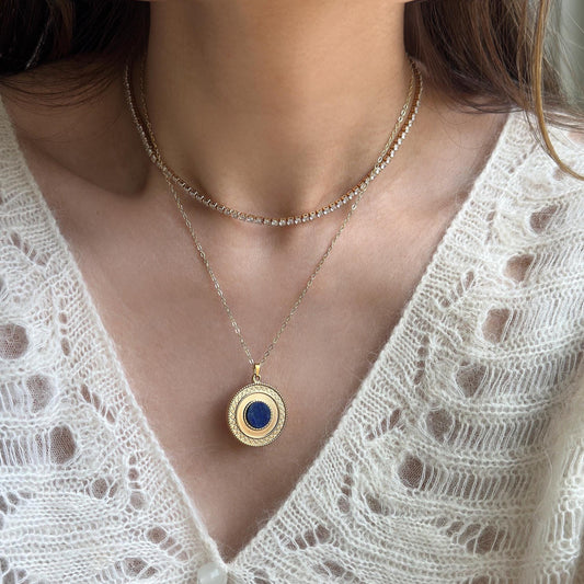 Gold Blue Lapis Lazuli Geometric Pendant Necklace, Boho Tribal Necklace, 18K Gold Plated Medallion Necklace, Natural Stone Necklace.