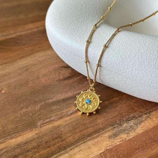 Gold Medallion Necklace with Turquoise Bead, Filigree Round Pendant Necklace, 18K Gold Plated Chain, Boho Ethnic Statement Jewelry
