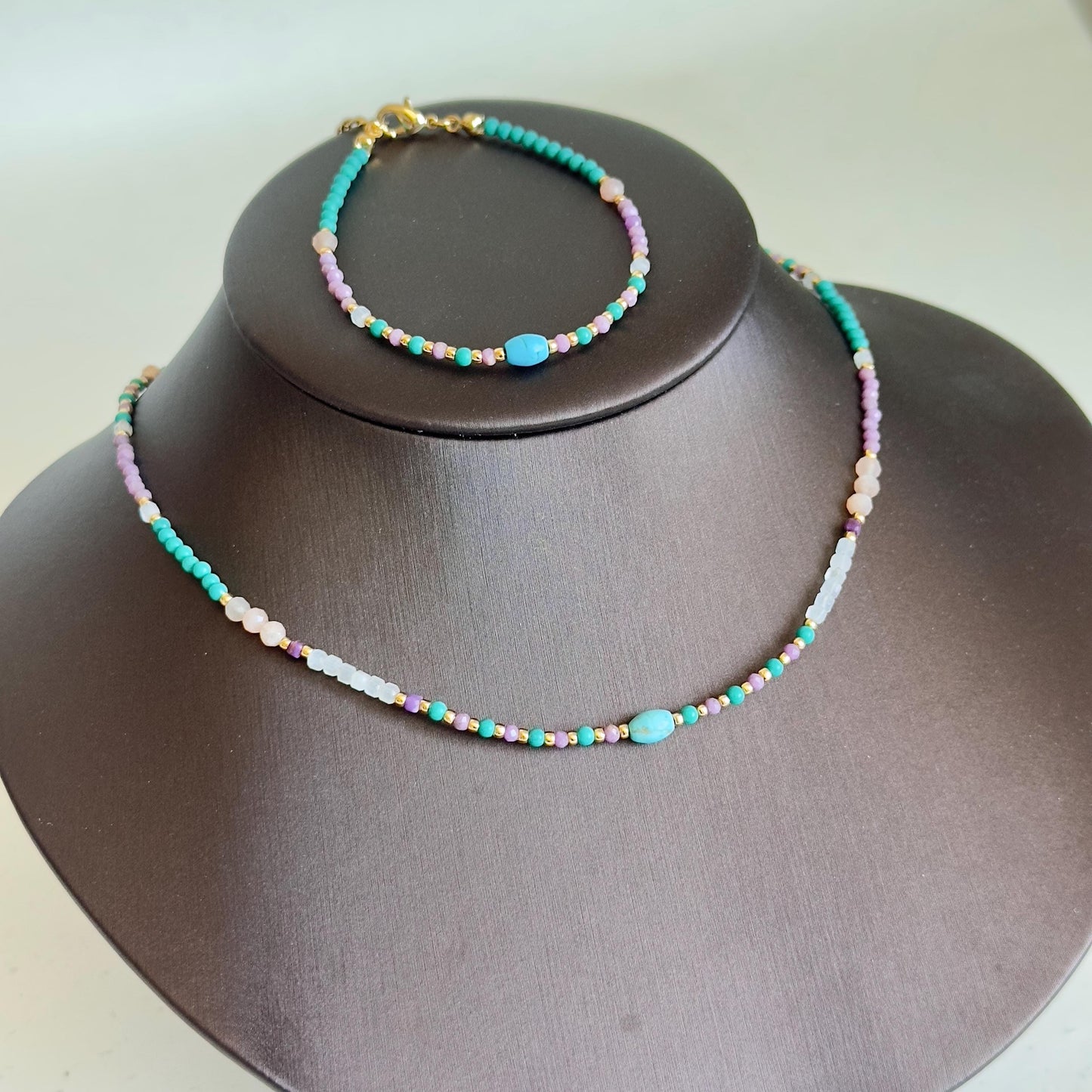 Colorful Natural Stone Beaded Necklace and Bracelet Set, Turquoise, Amethyst, Rose Quartz, Dainty Gemstone Jewelry, Summer Gift for Her